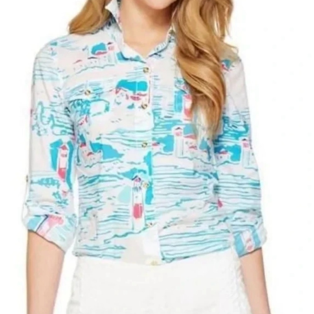 New Lilly Pulitzer Cruiser Watch Out Blue/Pink Lighthouse Button Roll Tab Top 2